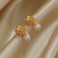 1 Pair Ig Style Retro C Shape Irregular Flower Crystal Pearl Plating Copper 18k Gold Plated Drop Earrings Ear Studs main image 2