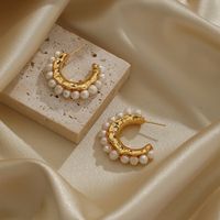 1 Pair Retro C Shape Round Plating Inlay Copper Freshwater Pearl 18k Gold Plated Ear Studs main image 4