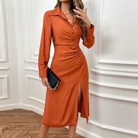 Women's Regular Dress Elegant Sexy Romantic Shirt Collar Thigh Slit Ruched Long Sleeve Solid Color Midi Dress Holiday Daily Street main image 3