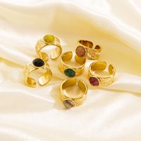 304 Stainless Steel 14K Gold Plated IG Style Plating Inlay Round Natural Stone Gem Open Rings main image 1