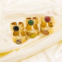 304 Stainless Steel 14K Gold Plated IG Style Plating Inlay Round Natural Stone Gem Open Rings main image 5