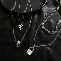 Gothic Punk Snake Lock Skull Alloy Plating Silver Plated Halloween Women's Layered Necklaces main image 2