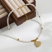 Ig Style Sweet Human Heart Shape Stainless Steel Shell Pearls Beaded Handmade Zircon 18k Gold Plated Women's Pendant Necklace main image 5