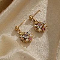 1 Pair Ig Style Shiny Flower Plating Inlay Copper Artificial Pearls Opal Zircon 18k Gold Plated Drop Earrings main image 5