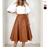 Autumn Fashion Solid Color Pu Polyester Midi Dress Skirts main image 1