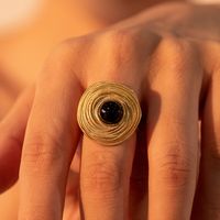 Retro Roman Style Geometric Stainless Steel Plating Inlay Agate 18k Gold Plated Open Rings main image 1