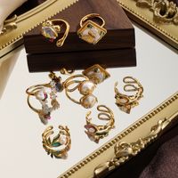 Retro Flower Butterfly Copper Plating Inlay Freshwater Pearl 18k Gold Plated Open Rings main image 7