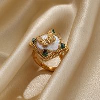 Retro Flower Butterfly Copper Plating Inlay Freshwater Pearl 18k Gold Plated Open Rings main image 6