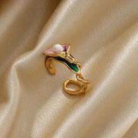 Retro Flower Butterfly Copper Plating Inlay Freshwater Pearl 18k Gold Plated Open Rings main image 3