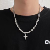 [wanhua Ice Mirror] Niche Irregular Cross Necklace Ice Crack Beads Titanium Steel Stitching Men And Women Trendy High-grade Fashion main image 5