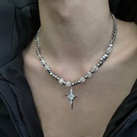 [wanhua Ice Mirror] Niche Irregular Cross Necklace Ice Crack Beads Titanium Steel Stitching Men And Women Trendy High-grade Fashion sku image 1