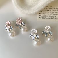 1 Pair Sweet Flower Enamel Plating Inlay Imitation Pearl Copper Zircon 14k Gold Plated Drop Earrings main image 6