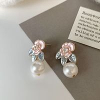 1 Pair Sweet Flower Enamel Plating Inlay Imitation Pearl Copper Zircon 14k Gold Plated Drop Earrings sku image 1