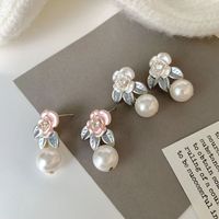 1 Pair Sweet Flower Enamel Plating Inlay Imitation Pearl Copper Zircon 14k Gold Plated Drop Earrings main image 3