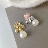 1 Pair Sweet Flower Enamel Plating Inlay Imitation Pearl Copper Zircon 14k Gold Plated Drop Earrings main image 2