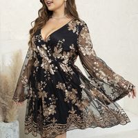 Party Dress Sexy V Neck Sequins Long Sleeve Flower Above Knee Banquet Party main image 2