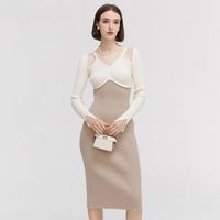 French Style Retro V-neck Color Matching Off-the-shoulder Pure Desire High Waist Slit Knitted Dress Inner Wear Sweater Women's Fake Two-piece Hip Skirt main image 1