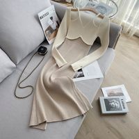 French Style Retro V-neck Color Matching Off-the-shoulder Pure Desire High Waist Slit Knitted Dress Inner Wear Sweater Women's Fake Two-piece Hip Skirt main image 6