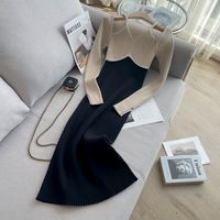 French Style Retro V-neck Color Matching Off-the-shoulder Pure Desire High Waist Slit Knitted Dress Inner Wear Sweater Women's Fake Two-piece Hip Skirt main image 3