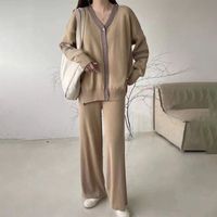 Daily Women's Simple Style Simple Solid Color Spandex Polyester Knit Washed Button Rib-knit Pants Sets Pants Sets main image 5