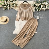 School Outdoor Daily Women's Simple Style Stripe Simple Spandex Polyester Knit Elastic Waist Pants Sets Pants Sets main image 9