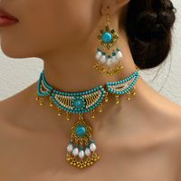 European And American Fashion Retro Simple Turquoise Accessories Exaggerated Temperamental Women's Necklace Earrings Women's Jewelry Set sku image 1