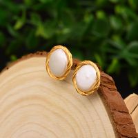 1 Pair Vintage Style Color Block Plating Freshwater Pearl Sterling Silver Copper 18k Gold Plated Ear Studs main image 1