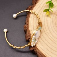 Classic Style Round Copper Plating Inlay Freshwater Pearl 18k Gold Plated Bangle main image 1
