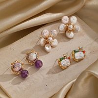 1 Pair Commute Flower Plating Inlay Copper Artificial Crystal Freshwater Pearl 18k Gold Plated Drop Earrings Ear Studs main image 3