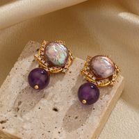 1 Pair Commute Flower Plating Inlay Copper Artificial Crystal Freshwater Pearl 18k Gold Plated Drop Earrings Ear Studs main image 6
