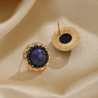 1 Pair Ig Style Retro Round Plating Metal Inlay Copper Natural Stone 18k Gold Plated Ear Studs main image 7