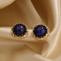 1 Pair Ig Style Retro Round Plating Metal Inlay Copper Natural Stone 18k Gold Plated Ear Studs main image 6