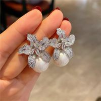 1 Pair Elegant Lady Flower Plating Inlay Imitation Pearl Copper Zircon Earrings main image 1