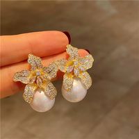 1 Pair Elegant Lady Flower Plating Inlay Imitation Pearl Copper Zircon Earrings main image 3