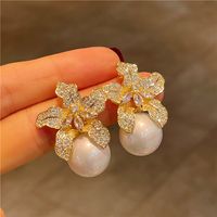 1 Pair Elegant Lady Flower Plating Inlay Imitation Pearl Copper Zircon Earrings sku image 3