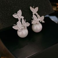 1 Pair Elegant Lady Flower Plating Inlay Imitation Pearl Copper Zircon Earrings sku image 2