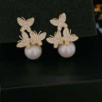1 Pair Elegant Lady Flower Plating Inlay Imitation Pearl Copper Zircon Earrings sku image 1