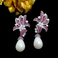 1 Pair Shiny Flower Inlay Copper Artificial Pearls Zircon Drop Earrings main image 1