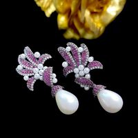 1 Pair Shiny Flower Inlay Copper Artificial Pearls Zircon Drop Earrings main image 5