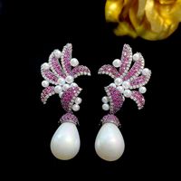 1 Pair Shiny Flower Inlay Copper Artificial Pearls Zircon Drop Earrings main image 4