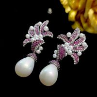 1 Pair Shiny Flower Inlay Copper Artificial Pearls Zircon Drop Earrings main image 3