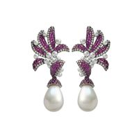 1 Pair Shiny Flower Inlay Copper Artificial Pearls Zircon Drop Earrings sku image 1