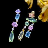 1 Pair Shiny Oval Water Droplets Rectangle Asymmetrical Inlay Copper Crystal Drop Earrings main image 4