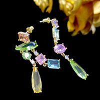 1 Pair Shiny Oval Water Droplets Rectangle Asymmetrical Inlay Copper Crystal Drop Earrings main image 5