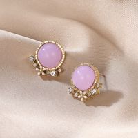 1 Pair Simple Style Round Inlay Alloy Rhinestones Opal Ear Studs main image 4