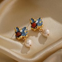 1 Pair Retro Flower Plating Metal Inlay Copper Freshwater Pearl Agate 18k Gold Plated Drop Earrings main image 3