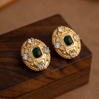 1 Pair Elegant Retro Oval Plating Inlay Alloy Artificial Gemstones Rhinestones 18k Gold Plated Ear Studs main image 1