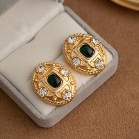 1 Pair Elegant Retro Oval Plating Inlay Alloy Artificial Gemstones Rhinestones 18k Gold Plated Ear Studs main image 4