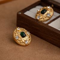 1 Pair Elegant Retro Oval Plating Inlay Alloy Artificial Gemstones Rhinestones 18k Gold Plated Ear Studs main image 3