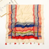 Women's Elegant Stripe Flower Cotton And Linen Tassel Scarf main image 3